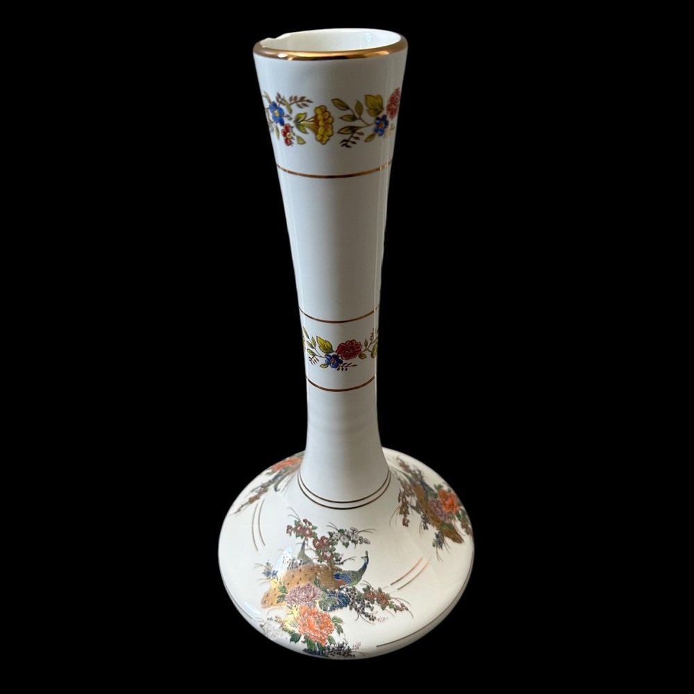 Handmade Pottery Fakiolas Vase Greece 24K Gold Floral Bird Asian Design.